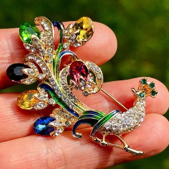 Peacock Brooch Multi Color Peacock Pin Rhinestone Peacock Brooch - Picture 1 of 4